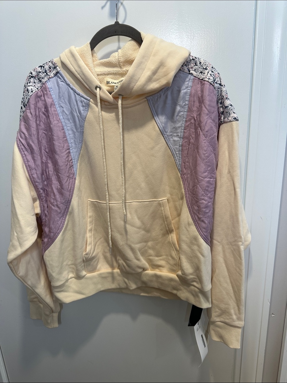 Blank NYC Cream Hoodie with Lavender Quilted Panels and Floral Shoulders(56)
